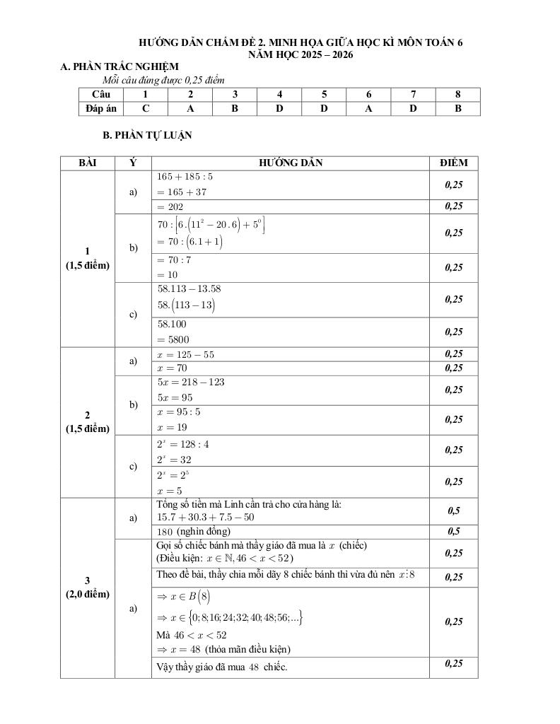 đề minh họa giữa kì 1 toán 6 năm 2025 – 2026 trường thcs nghĩa tân – hà nội 6