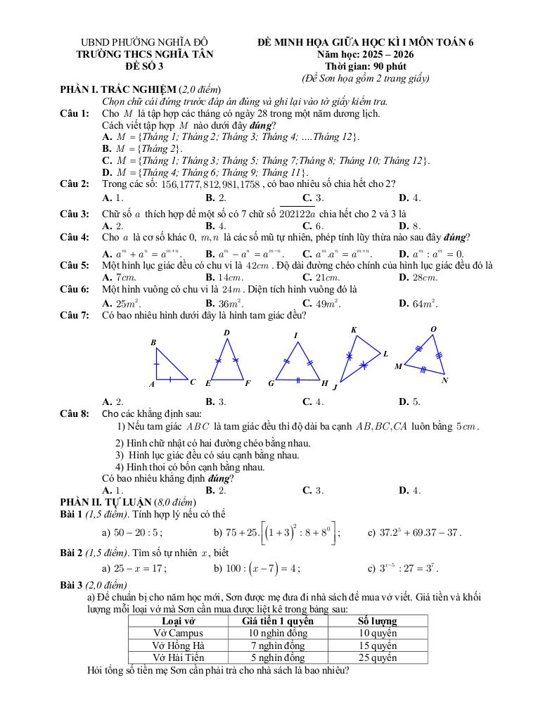 đề minh họa giữa kì 1 toán 6 năm 2025 – 2026 trường thcs nghĩa tân – hà nội 8