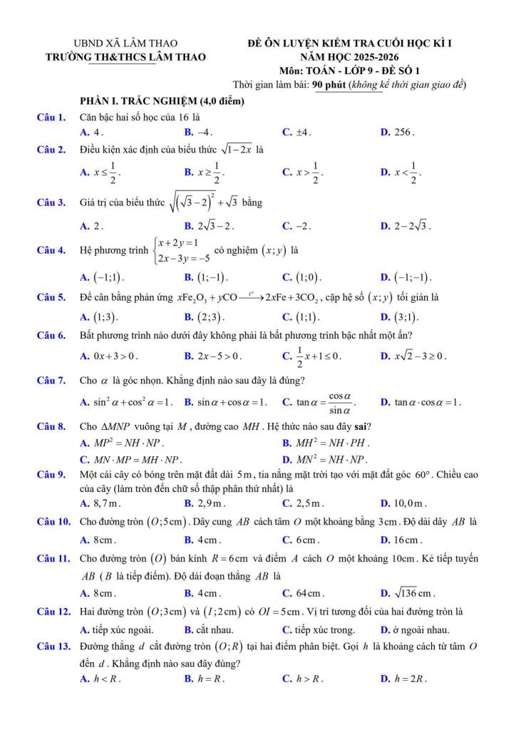 đề ôn luyện cuối kì 1 toán 9 năm 2025 – 2026 trường th&thcs lâm thao – bắc ninh - hình 1