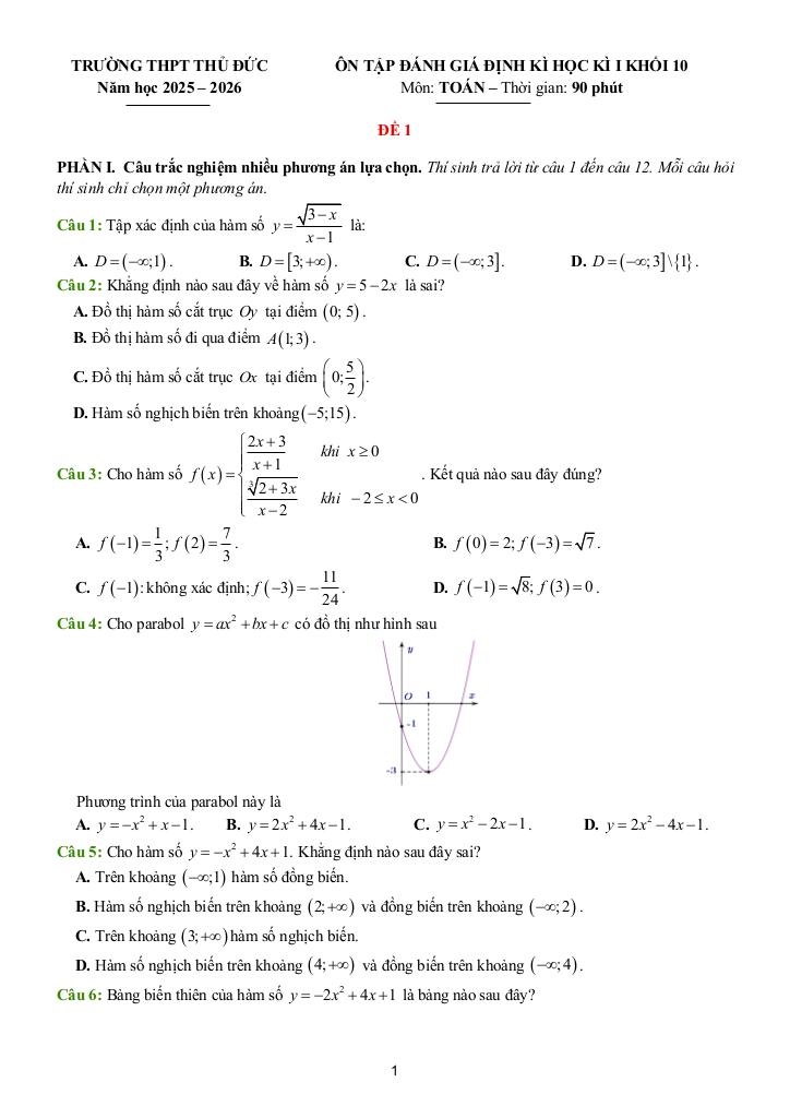 đề ôn tập cuối học kì 1 toán 10 năm 2025 – 2026 trường thpt thủ đức – tp hcm 0