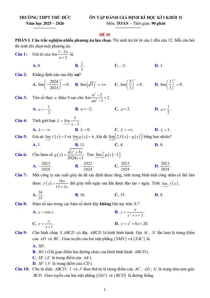 đề ôn tập cuối học kì 1 toán 11 năm 2025 – 2026 trường thpt thủ đức – tp hcm - hình 1