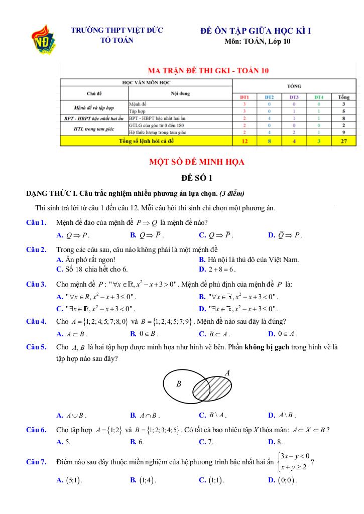 đề ôn tập giữa kì 1 toán 10 năm 2025 – 2026 trường thpt việt đức – hà nội 0