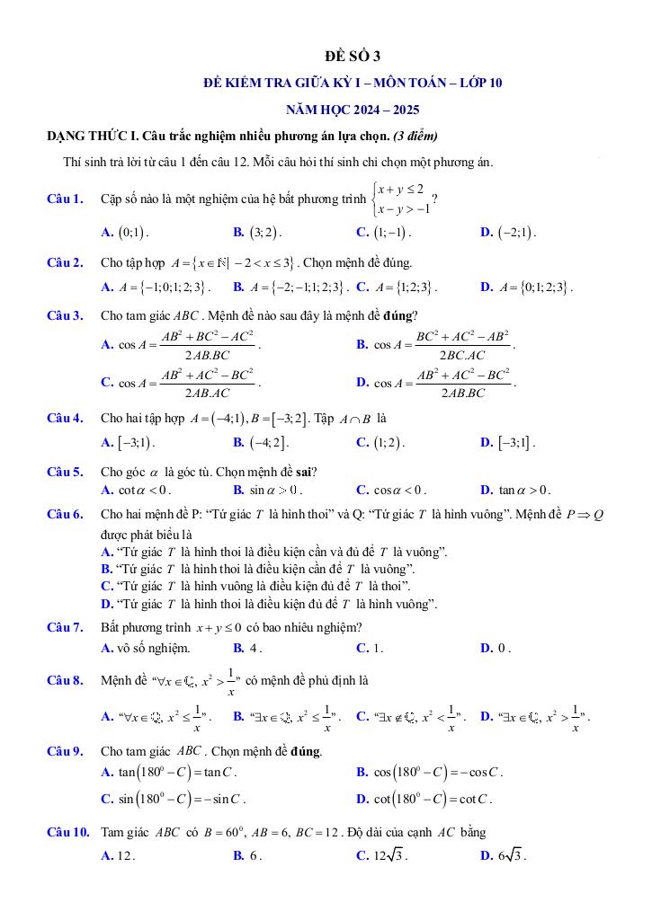 đề ôn tập giữa kì 1 toán 10 năm 2025 – 2026 trường thpt việt đức – hà nội 7