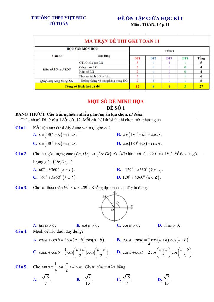 đề ôn tập giữa kì 1 toán 11 năm 2025 – 2026 trường thpt việt đức – hà nội 0