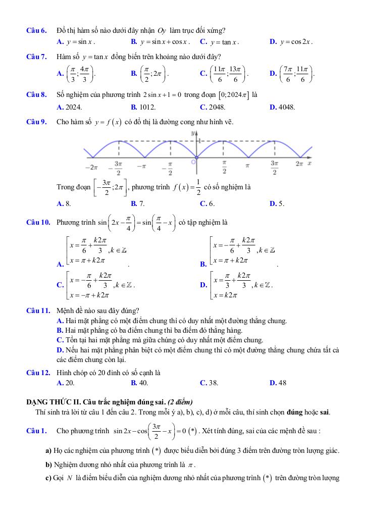 đề ôn tập giữa kì 1 toán 11 năm 2025 – 2026 trường thpt việt đức – hà nội 1