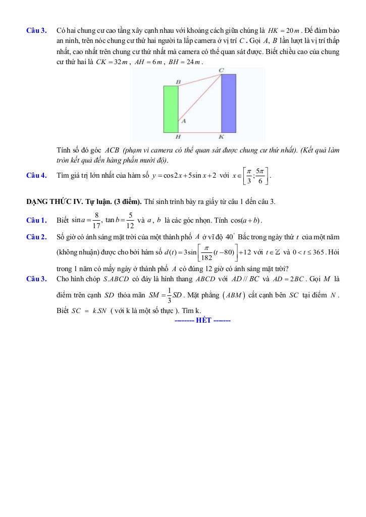 đề ôn tập giữa kì 1 toán 11 năm 2025 – 2026 trường thpt việt đức – hà nội 6
