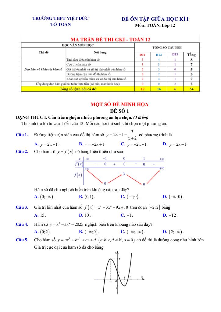 đề ôn tập giữa kì 1 toán 12 năm 2025 – 2026 trường thpt việt đức – hà nội 0