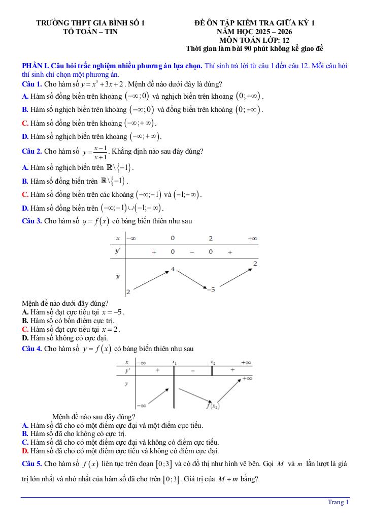 đề ôn tập giữa kỳ 1 toán 12 năm 2025 – 2026 trường thpt gia bình 1 – bắc ninh 6