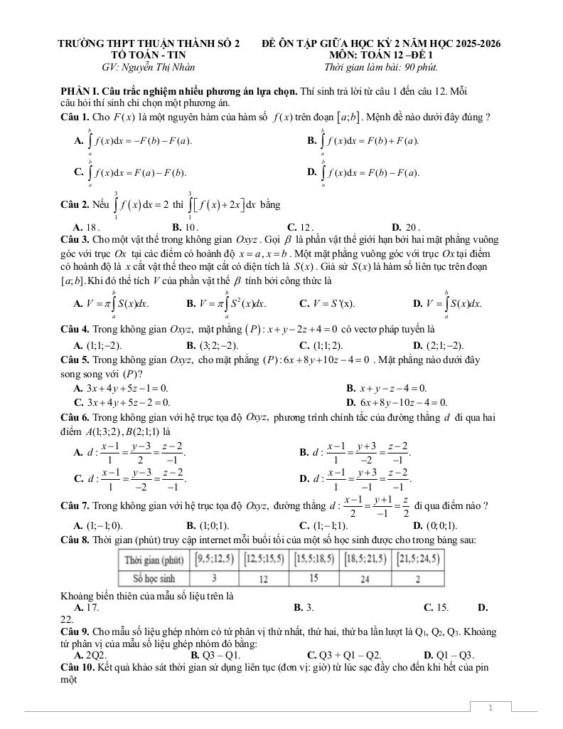 đề ôn tập giữa kỳ 2 toán 12 năm 2025 – 2026 trường thpt thuận thành 2 – bắc ninh - hình 1