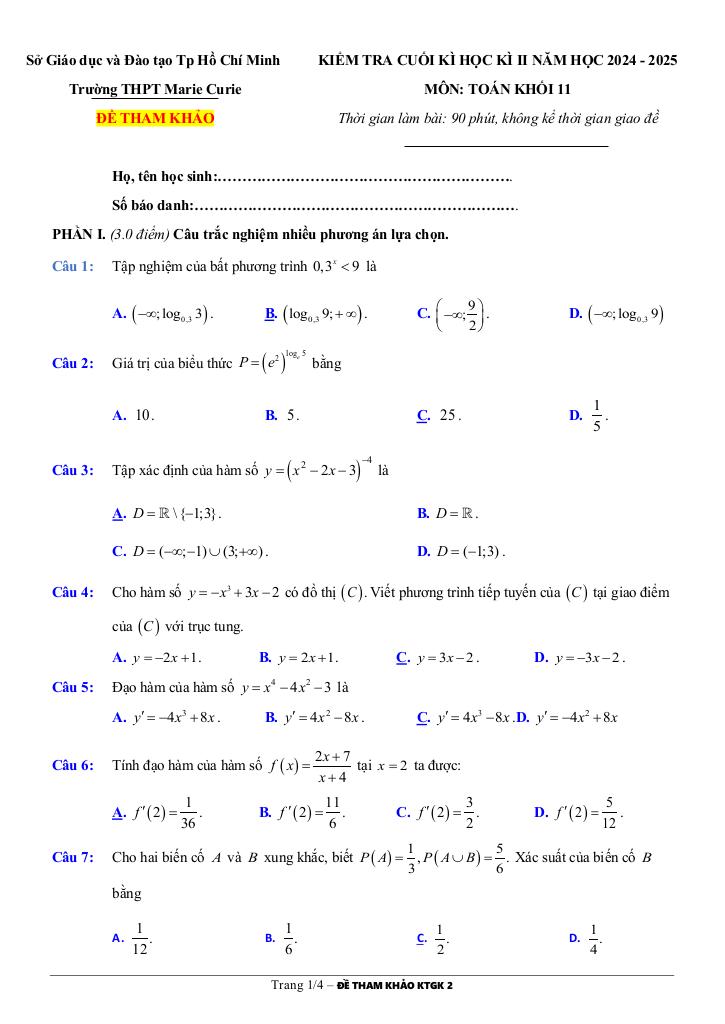 đề tham khảo cuối kì 2 toán 11 năm 2024 – 2025 trường thpt marie curie – tp hcm 3