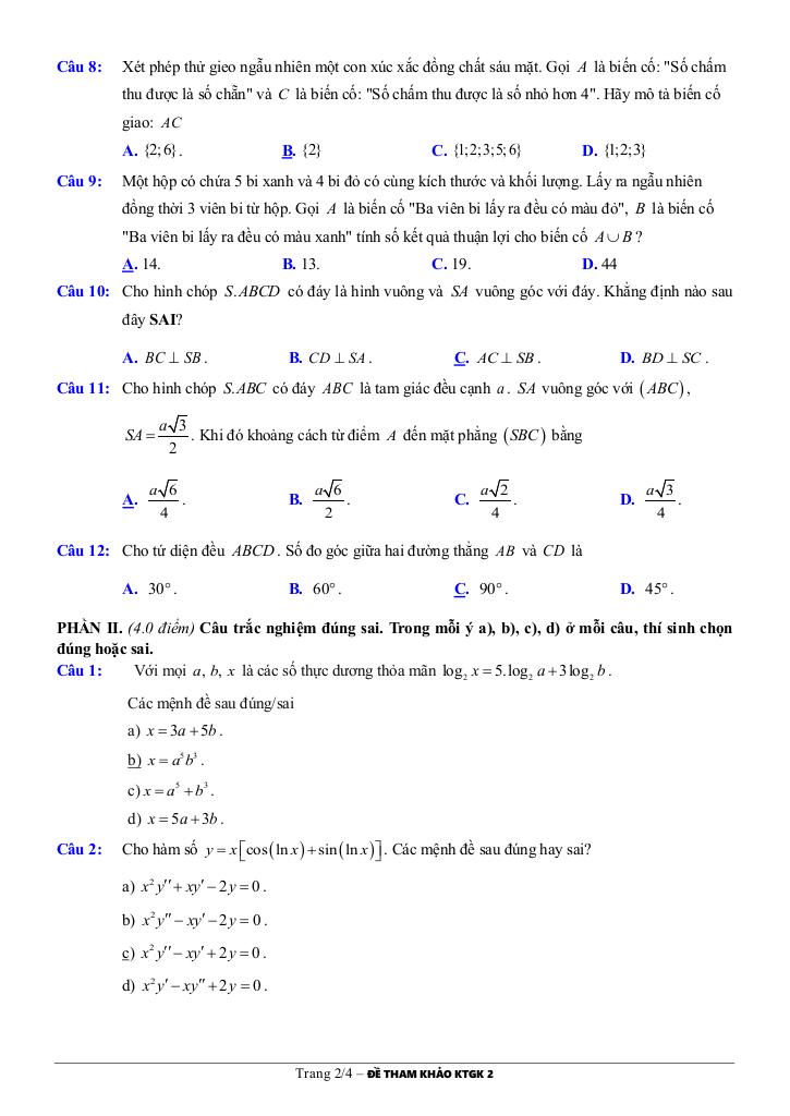 đề tham khảo cuối kì 2 toán 11 năm 2024 – 2025 trường thpt marie curie – tp hcm 4