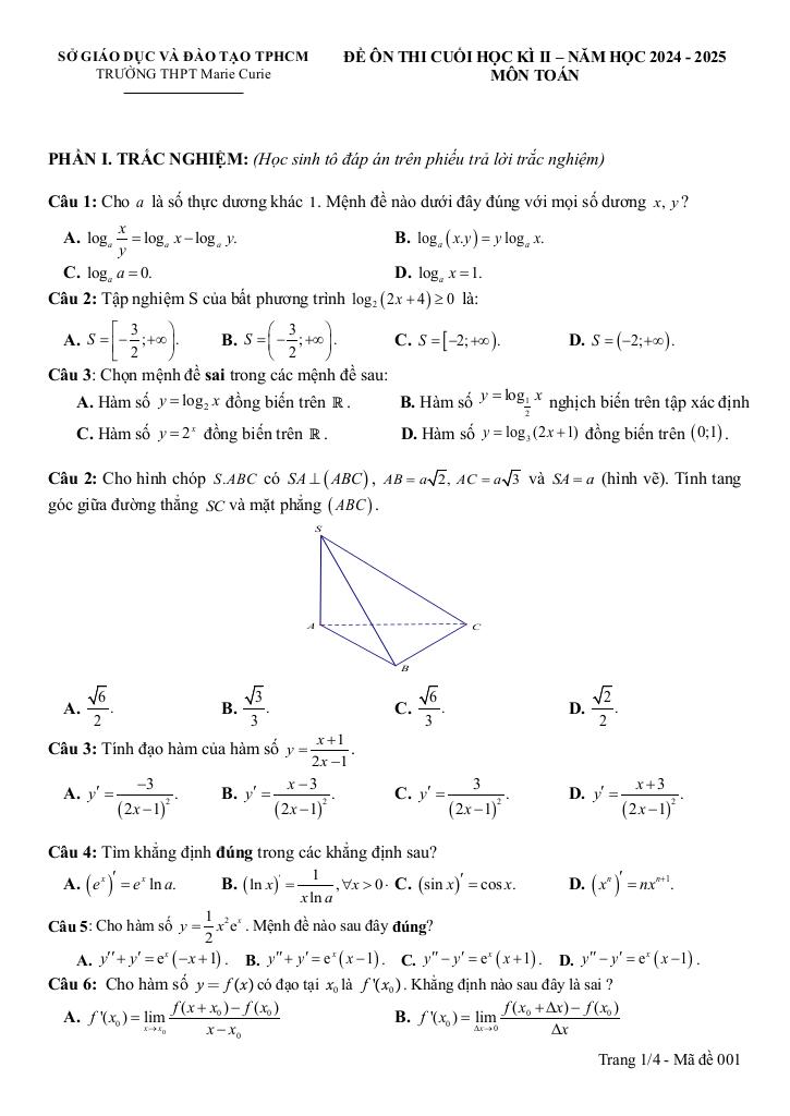 đề tham khảo cuối kì 2 toán 11 năm 2024 – 2025 trường thpt marie curie – tp hcm 7