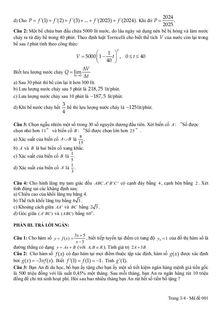đề tham khảo cuối kì 2 toán 11 năm 2024 – 2025 trường thpt marie curie – tp hcm 9