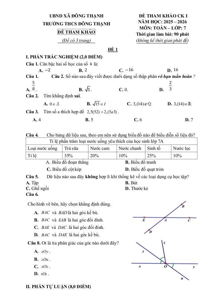 đề tham khảo cuối kỳ 1 toán 7 năm 2025 – 2026 trường thcs đông thạnh – tp hcm 0