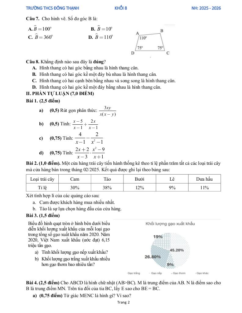 đề tham khảo cuối kỳ 1 toán 8 năm 2025 – 2026 trường thcs đông thạnh – tp hcm 1