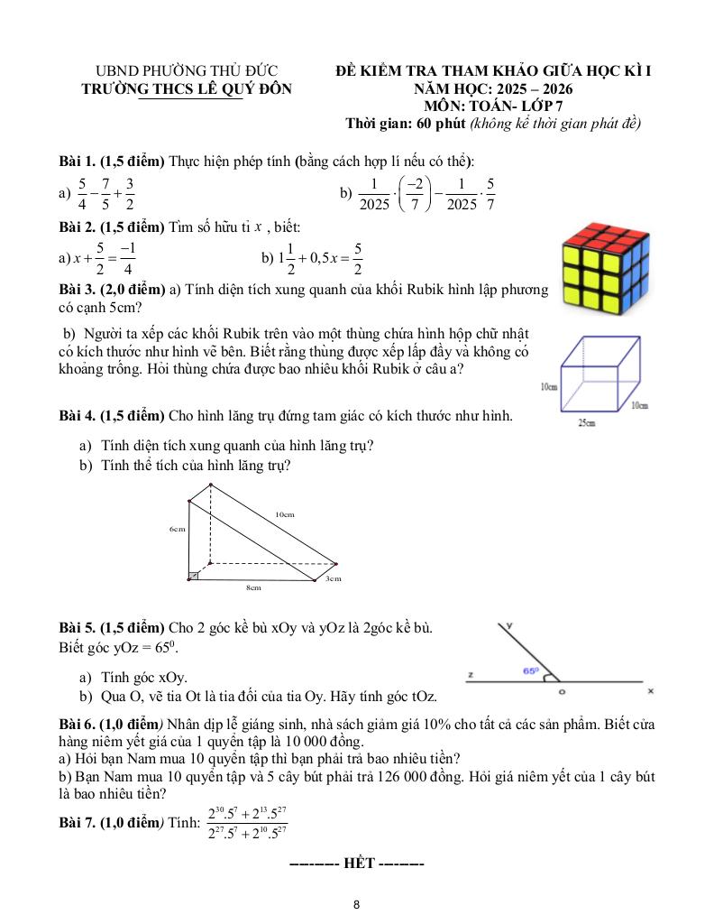 đề tham khảo giữa kì 1 toán 7 năm 2025 – 2026 trường thcs lê quý đôn – tp hcm 7