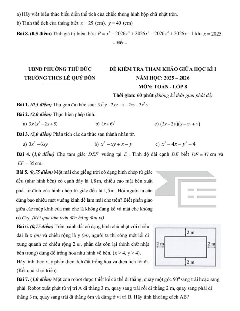 đề tham khảo giữa kì 1 toán 8 năm 2025 – 2026 trường thcs lê quý đôn – tp hcm 1