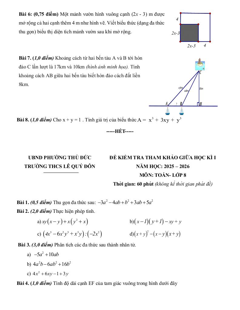 đề tham khảo giữa kì 1 toán 8 năm 2025 – 2026 trường thcs lê quý đôn – tp hcm 8