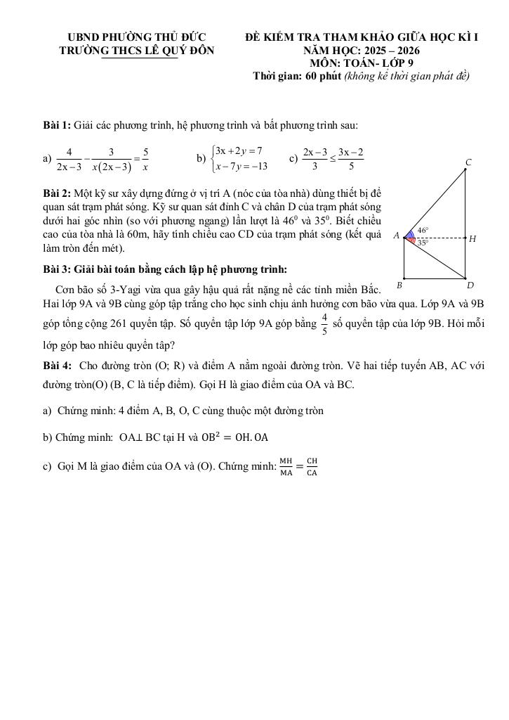đề tham khảo giữa kì 1 toán 9 năm 2025 – 2026 trường thcs lê quý đôn – tp hcm 9