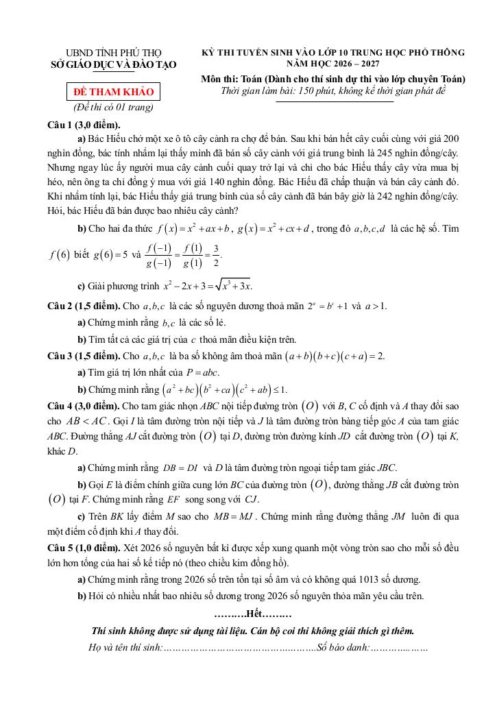 đề tham khảo tuyển sinh lớp 10 môn toán (chuyên) năm 2026 – 2027 sở gd&đt phú thọ 4