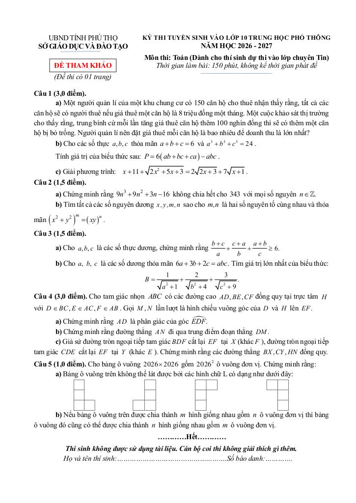 đề tham khảo tuyển sinh lớp 10 môn toán (chuyên) năm 2026 – 2027 sở gd&đt phú thọ 5