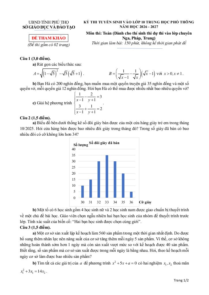 đề tham khảo tuyển sinh lớp 10 môn toán (chuyên) năm 2026 – 2027 sở gd&đt phú thọ 6