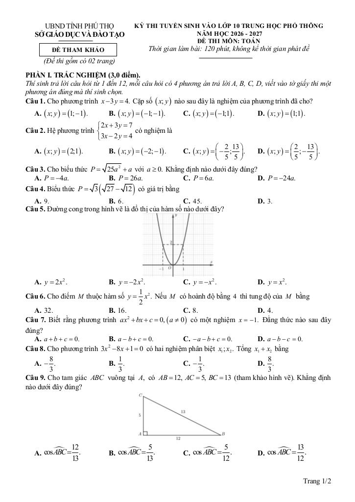đề tham khảo tuyển sinh lớp 10 môn toán năm 2026 – 2027 sở gd&đt phú thọ 2