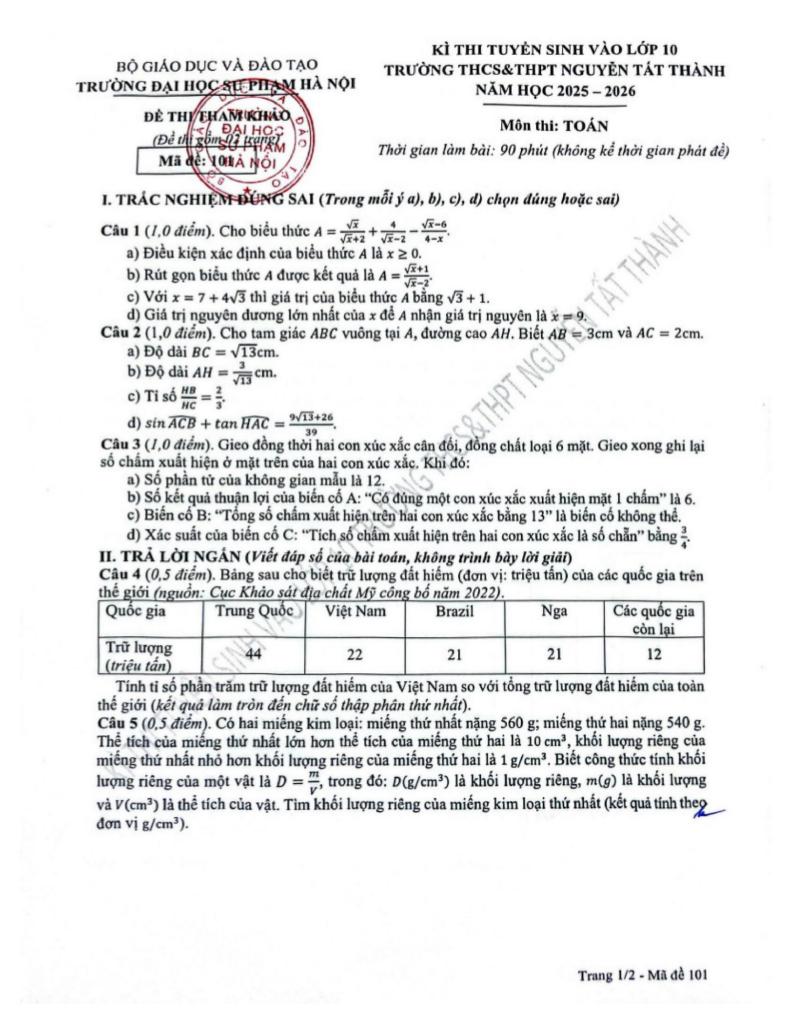 đề tham khảo vào lớp 10 môn toán năm 2025 – 2026 trường nguyễn tất thành – hà nội 0