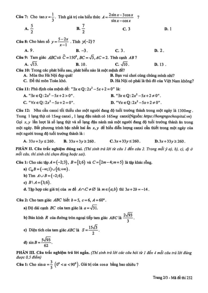 đề thi bán kì 1 toán 10 năm 2025 – 2026 trường thpt đinh tiên hoàng – ninh bình 1