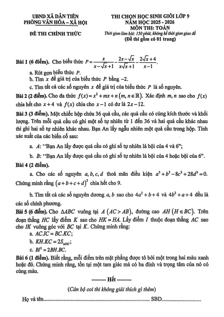 đề thi chọn học sinh giỏi toán 9 năm 2025 – 2026 xã dân tiến – thái nguyên
