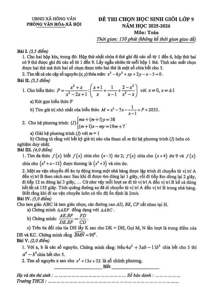 đề thi chọn học sinh giỏi toán 9 năm 2025 – 2026 xã hồng vân – hà nội