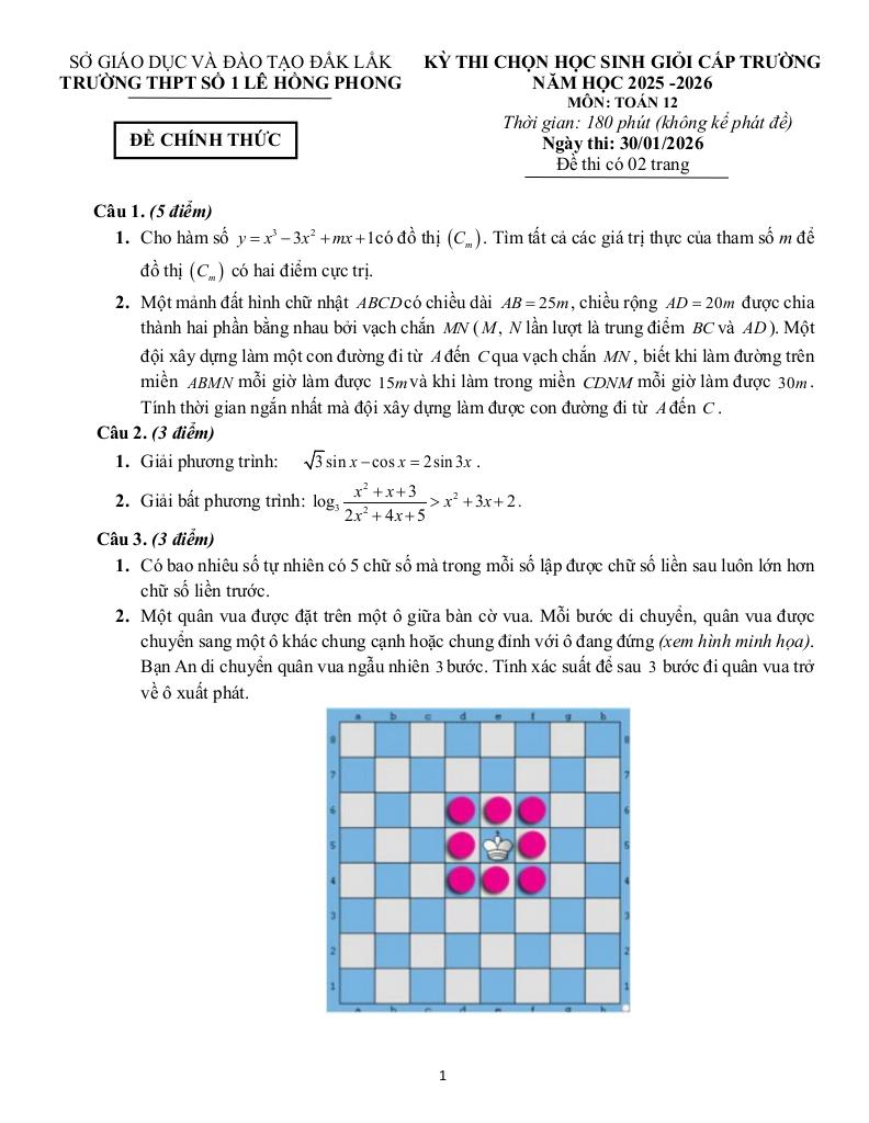 đề thi chọn hsg toán 12 năm 2025 – 2026 trường thpt lê hồng phong 1 – đắk lắk - hình 1
