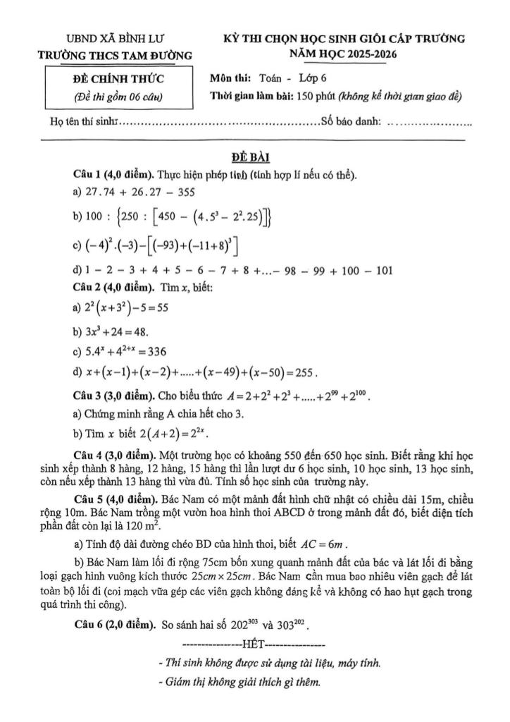 đề thi chọn hsg toán 6 năm 2025 – 2026 trường thcs tam đường – lai châu