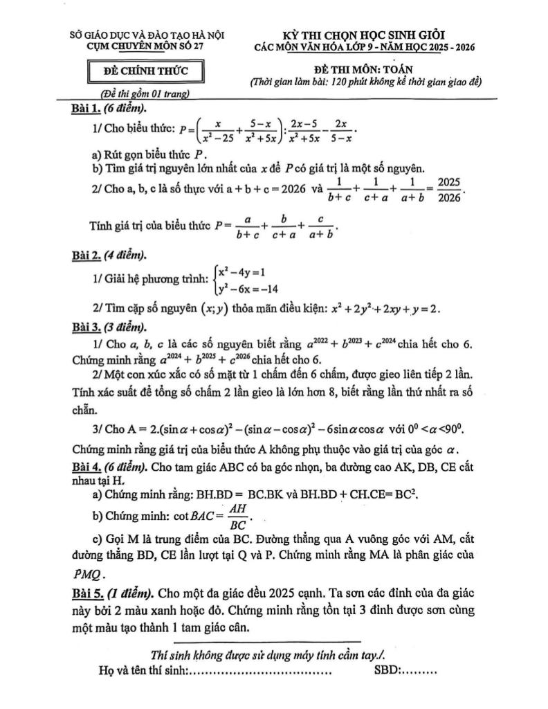 đề thi chọn hsg toán 9 năm 2025 – 2026 cụm chuyên môn số 27 – hà nội