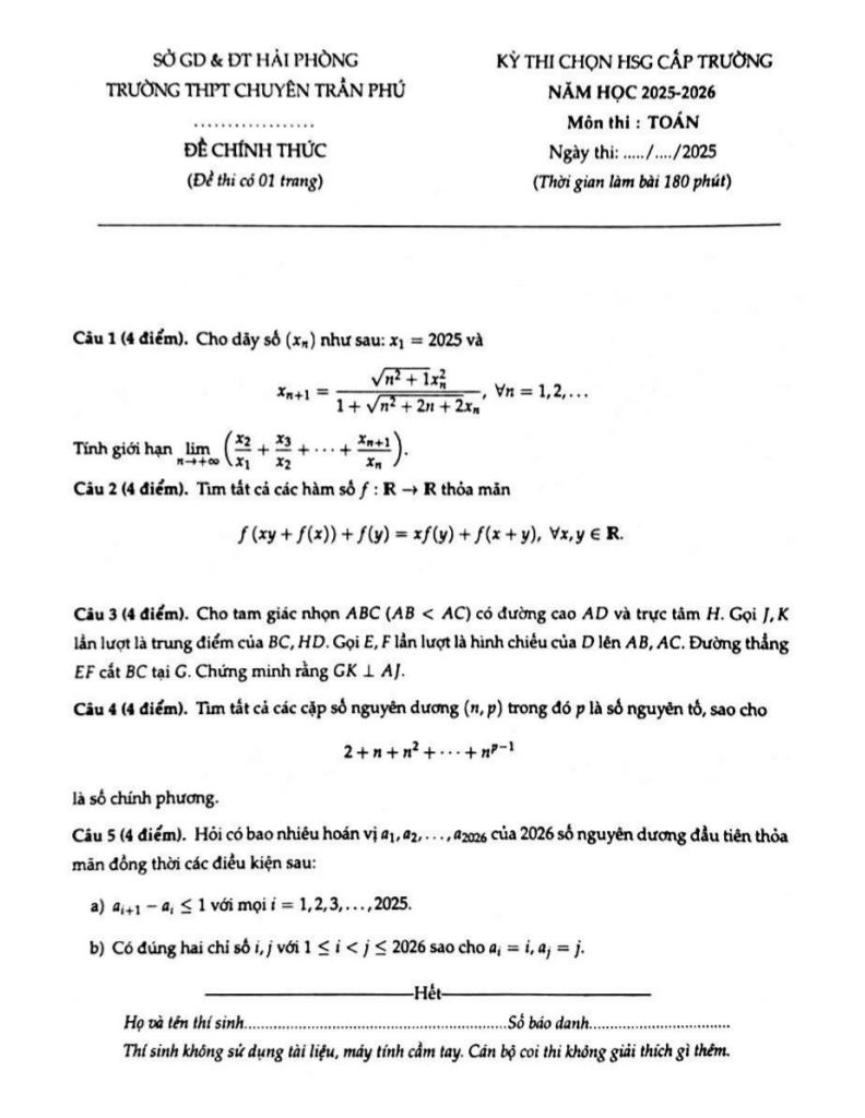 đề thi chọn hsg toán năm 2025 – 2026 trường thpt chuyên trần phú – hải phòng