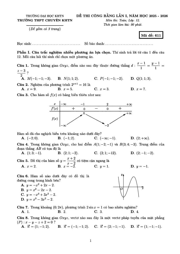 đề thi công bằng toán 12 lần 1 năm 2025 – 2026 trường thpt chuyên khtn – hà nội 0