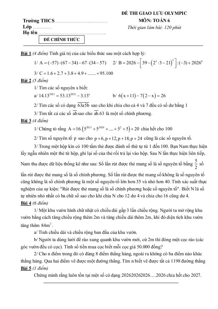 đề thi giao lưu olympic toán 6 năm 2025 – 2026 cụm trường thcs – hà nội - hình 1