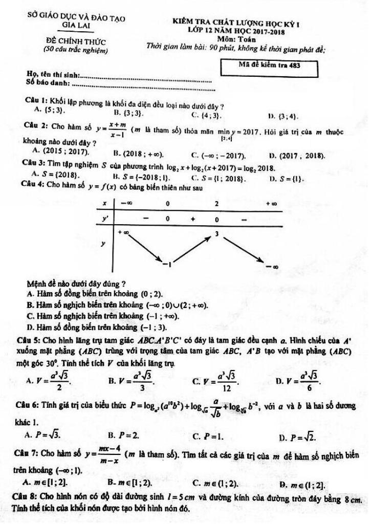 đề thi hk1 toán 12 năm học 2017 – 2018 sở gd và đt gia lai 0