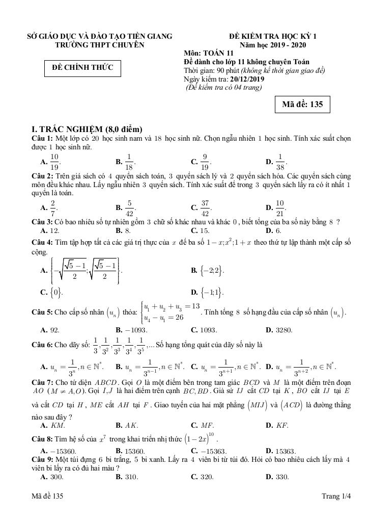 đề thi học kỳ 1 toán 11 năm 2019 – 2020 trường thpt chuyên tiền giang 0