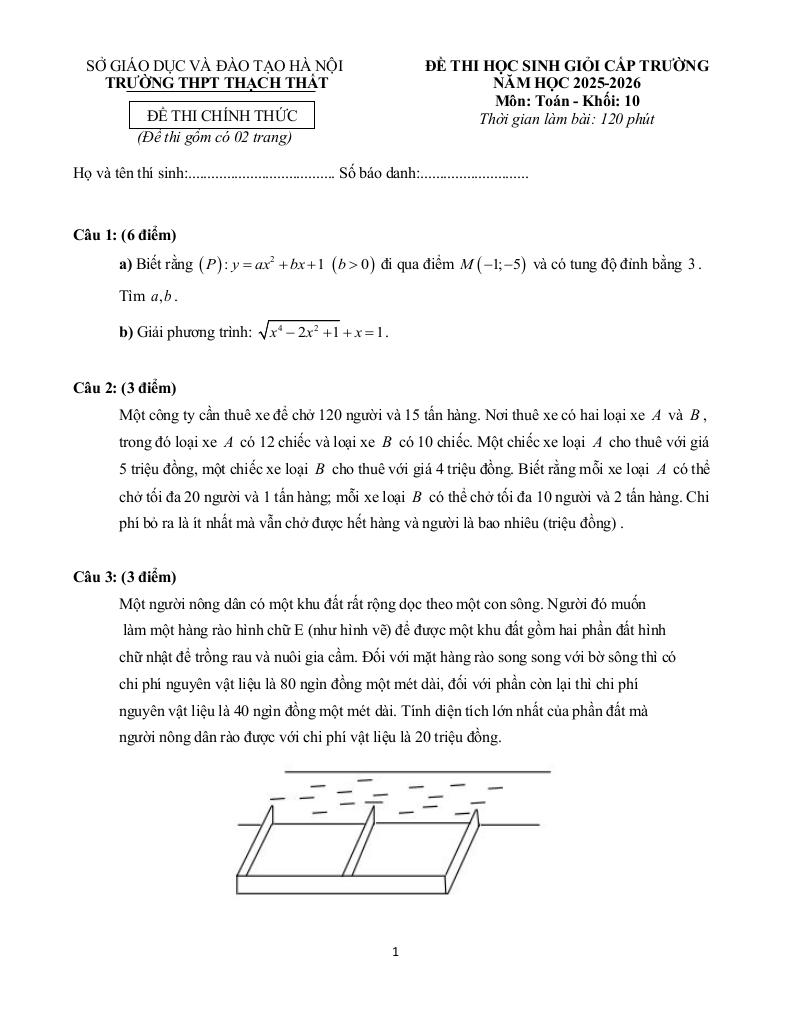 đề thi học sinh giỏi toán 10 năm 2025 – 2026 trường thpt thạch thất – hà nội - hình 1