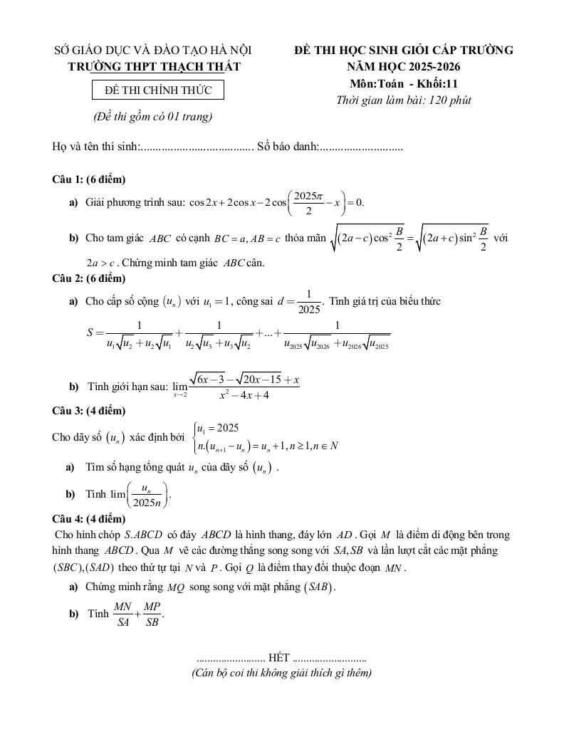 đề thi học sinh giỏi toán 11 năm 2025 – 2026 trường thpt thạch thất – hà nội