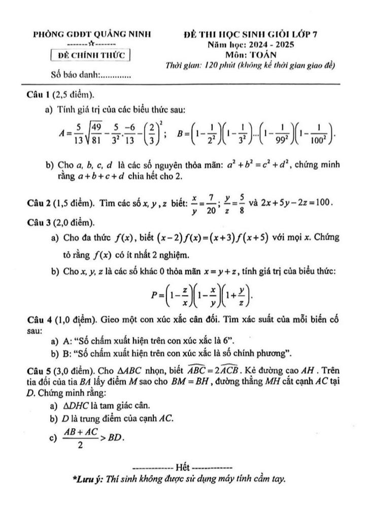 đề thi học sinh giỏi toán 7 năm 2024 – 2025 phòng gd&đt quảng ninh – quảng bình