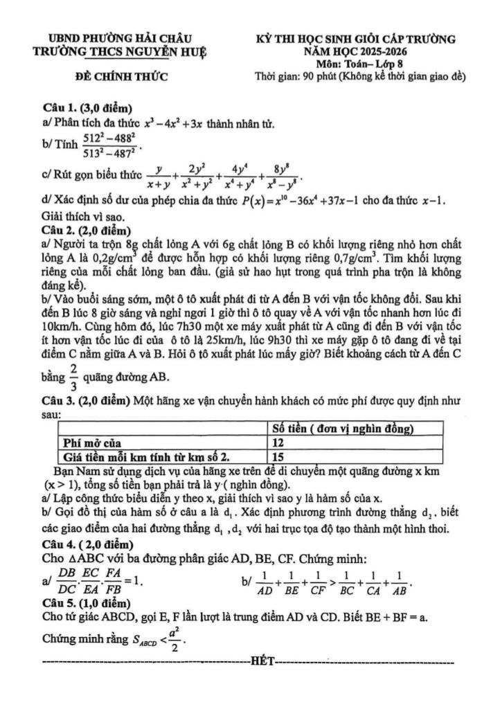 đề thi học sinh giỏi toán 8 năm 2025 – 2026 trường thcs nguyễn huệ – đà nẵng