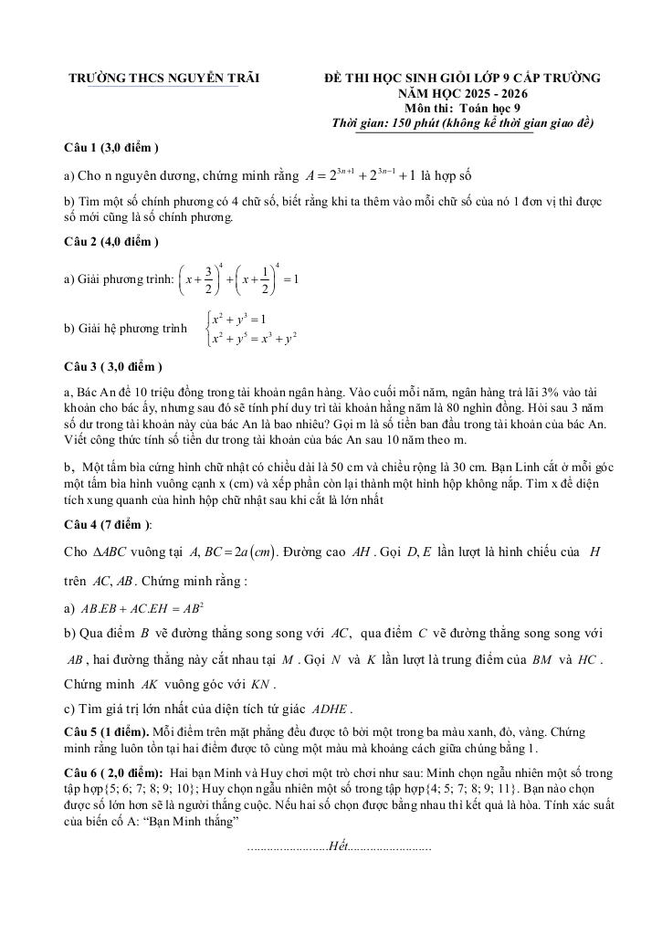 đề thi học sinh giỏi toán 9 năm 2025 – 2026 trường thcs nguyễn trãi – nghệ an 0