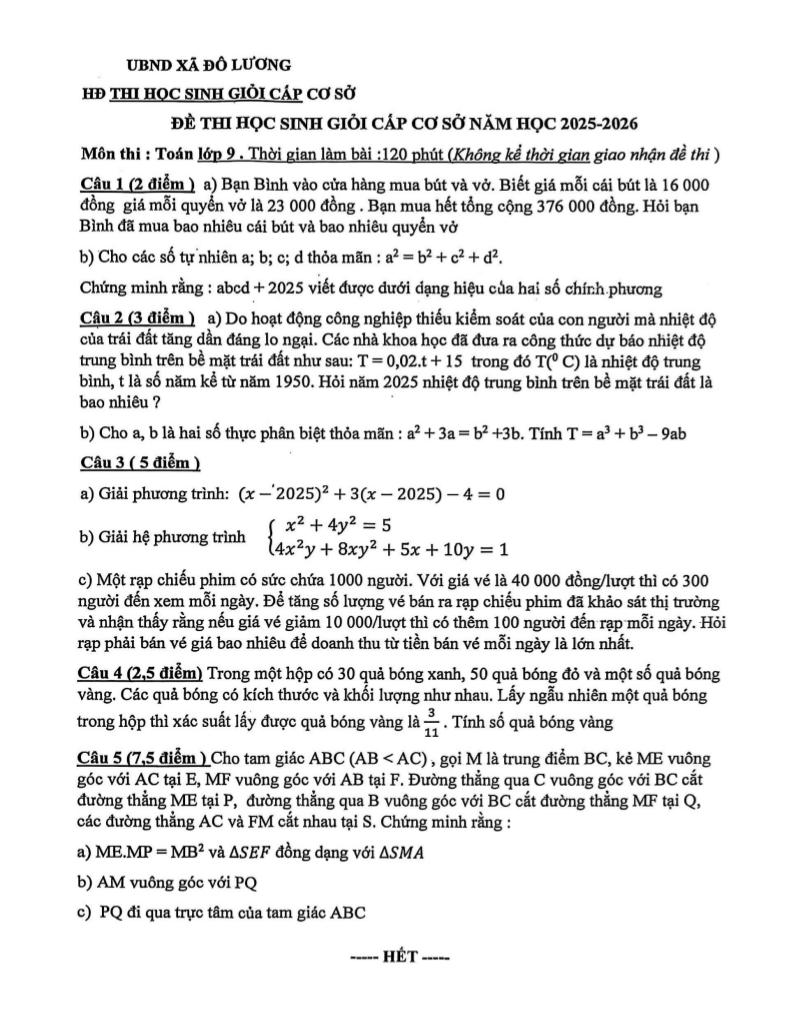 đề thi học sinh giỏi toán 9 năm 2025 – 2026 xã đô lương – nghệ an