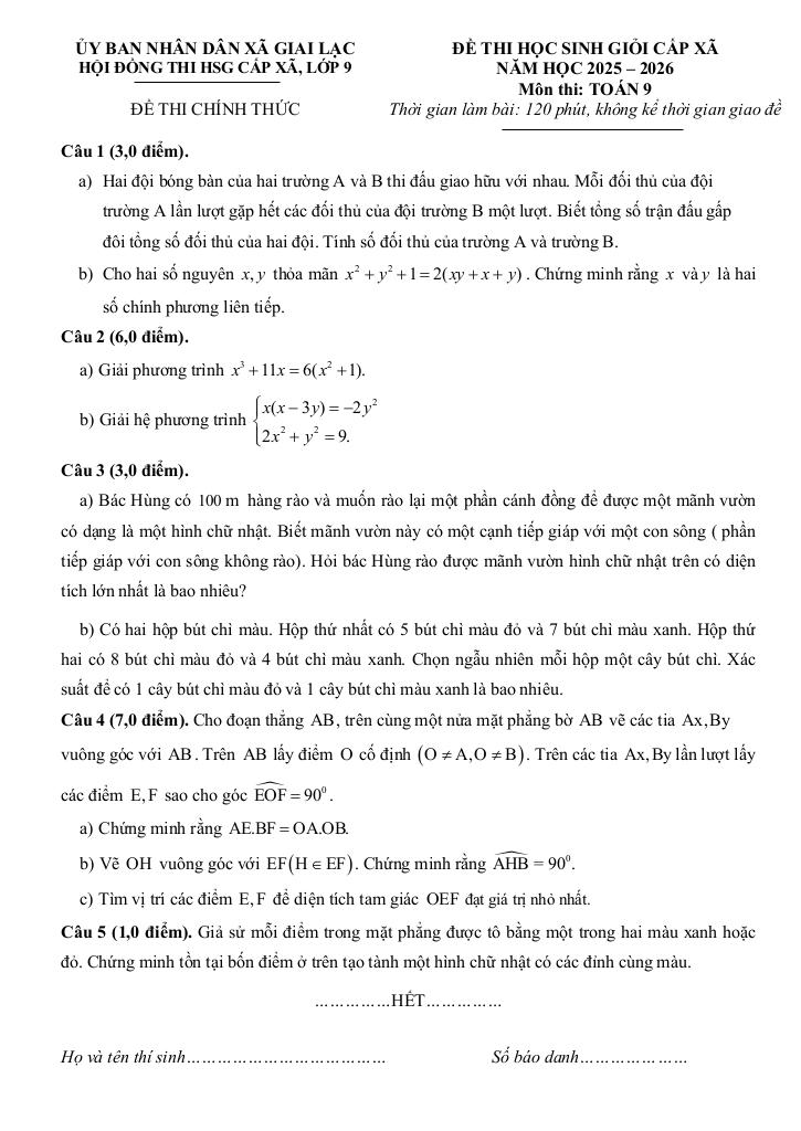 đề thi học sinh giỏi toán 9 năm 2025 – 2026 xã giai lạc – nghệ an 0