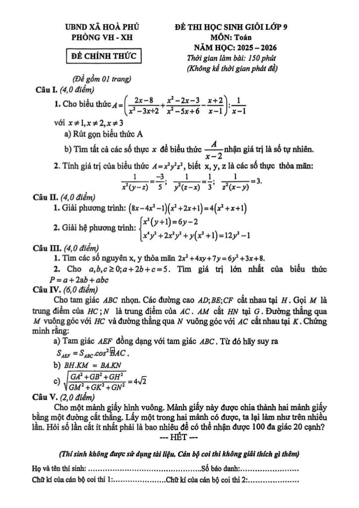 đề thi học sinh giỏi toán 9 năm 2025 – 2026 xã hòa phú – hà nội