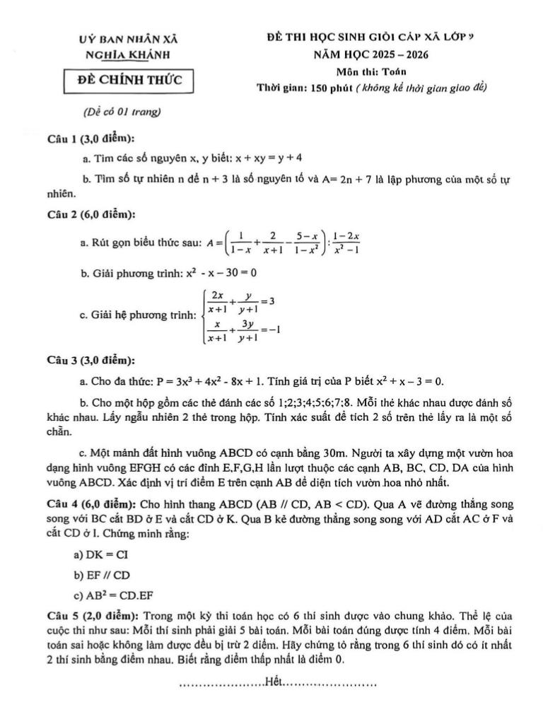 đề thi học sinh giỏi toán 9 năm 2025 – 2026 xã nghĩa khánh – nghệ an