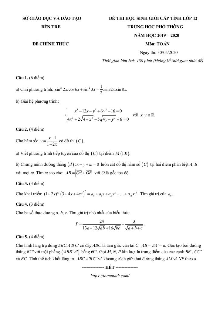 đề thi hsg cấp tỉnh toán 12 năm học 2019 – 2020 sở gd&đt bến tre