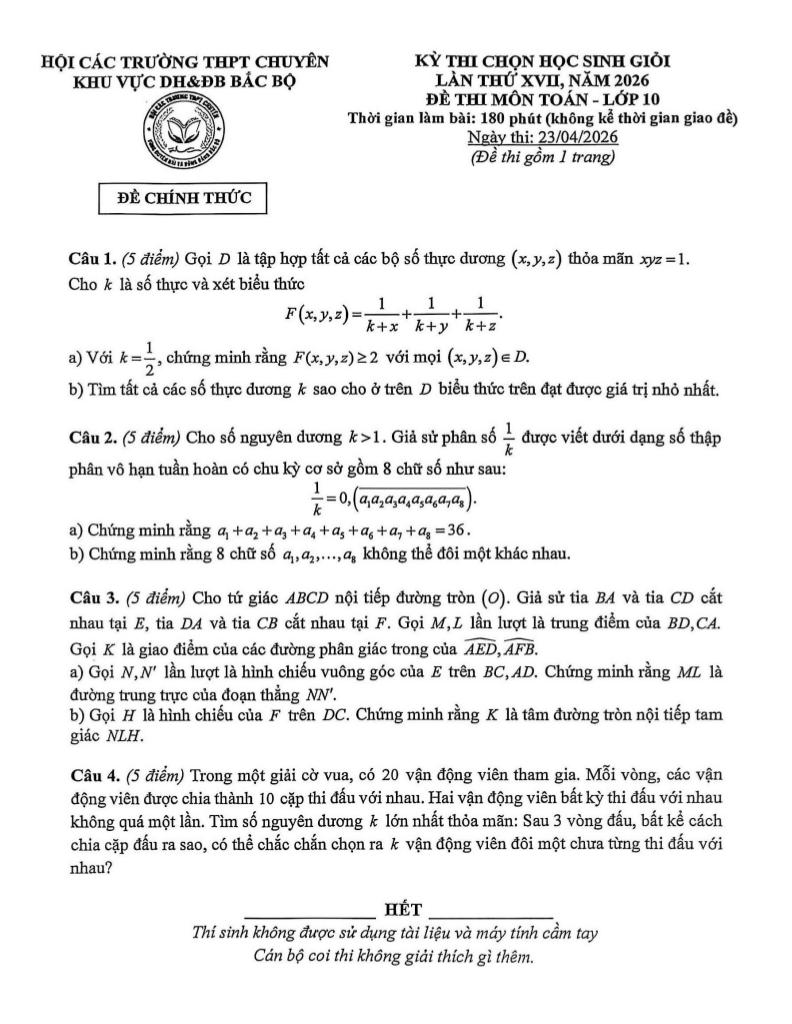 đề thi hsg toán 10 lần 17 năm 2026 hội các trường thpt chuyên dh&đb bắc bộ